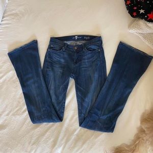 low rise flare jeans dark wash, stretchy, & long 
7 for all mankind kaylie 25W